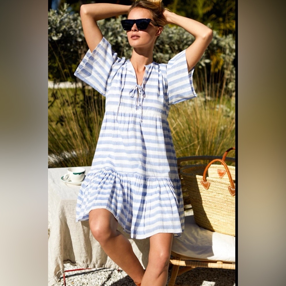 NWT Emerson Fry Isla Dress Organic Cotton Scallop Stripe Blue Lined XS/S